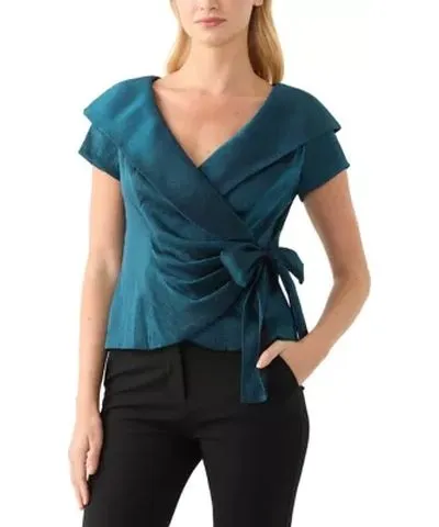 Alex Evenings Women's Short Sleeve Ruffle V-Neck Solid Taffeta Wrap Top