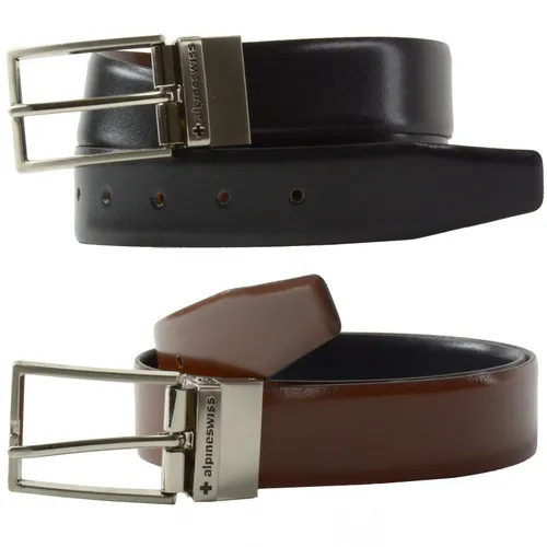 Alpine Swiss Mens Belt Reversible Black Brown Leather Dress Belt Imported from Spain