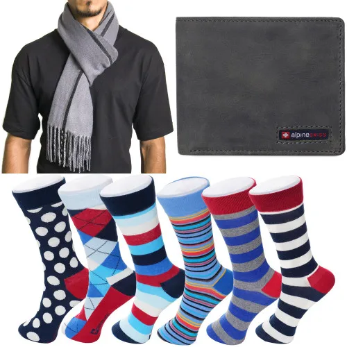 Alpine Swiss Mens RFID Safe Leather Wallet & Soft Scarf & 6 Pack Socks Gift Set