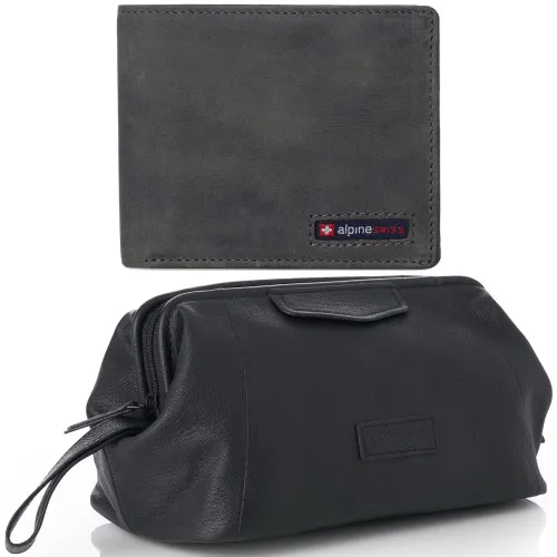 Alpine Swiss Mens Spencer RFID Leather Wallet & Leather Toiletry Bag Gift Set