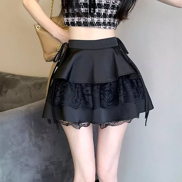 Balletcore High Waist Lace Panel Layered Mini A-Line Skirt MK19491