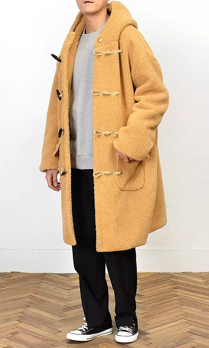 Beige Shearling Toggle Long Coats Mens Winter Outerwear Duffle Hooded