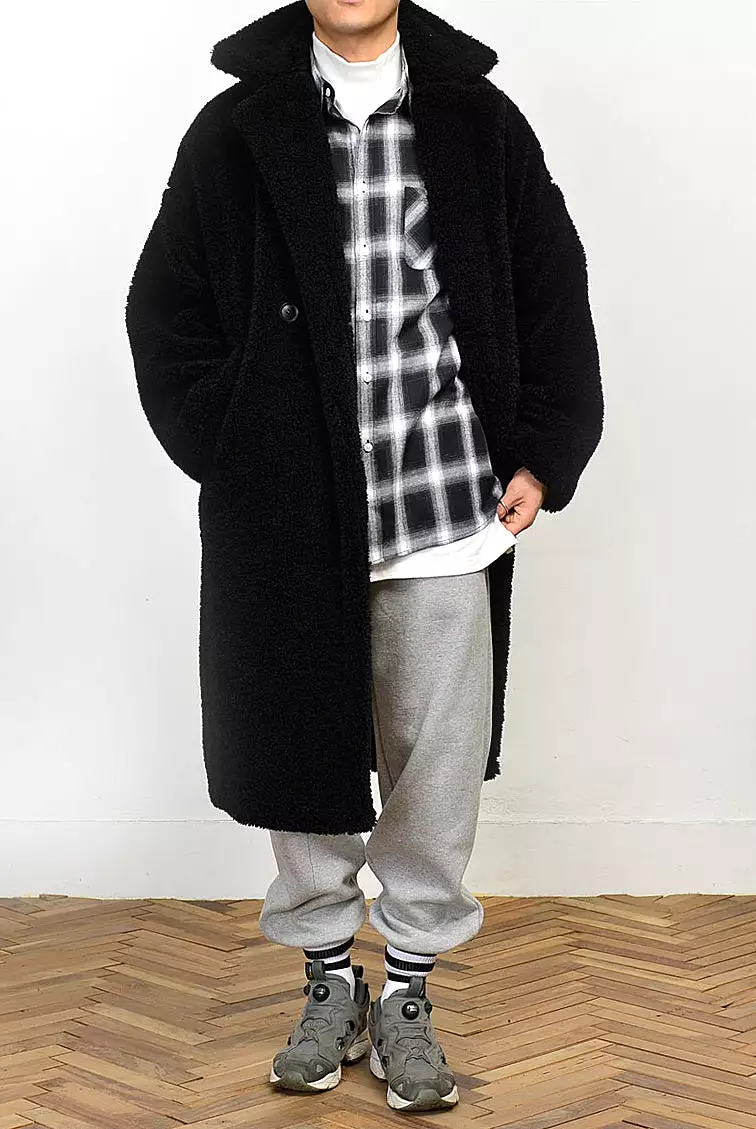 Black Shearling Long Coats Mens Winter Outerwear Thick Fur Jackets Guy