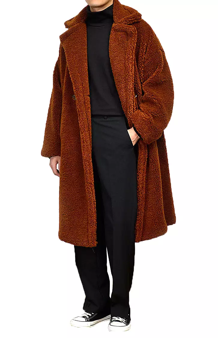 Brown Shearling Long Coats Mens Winter Outerwear Thick Fur Jackets Guy