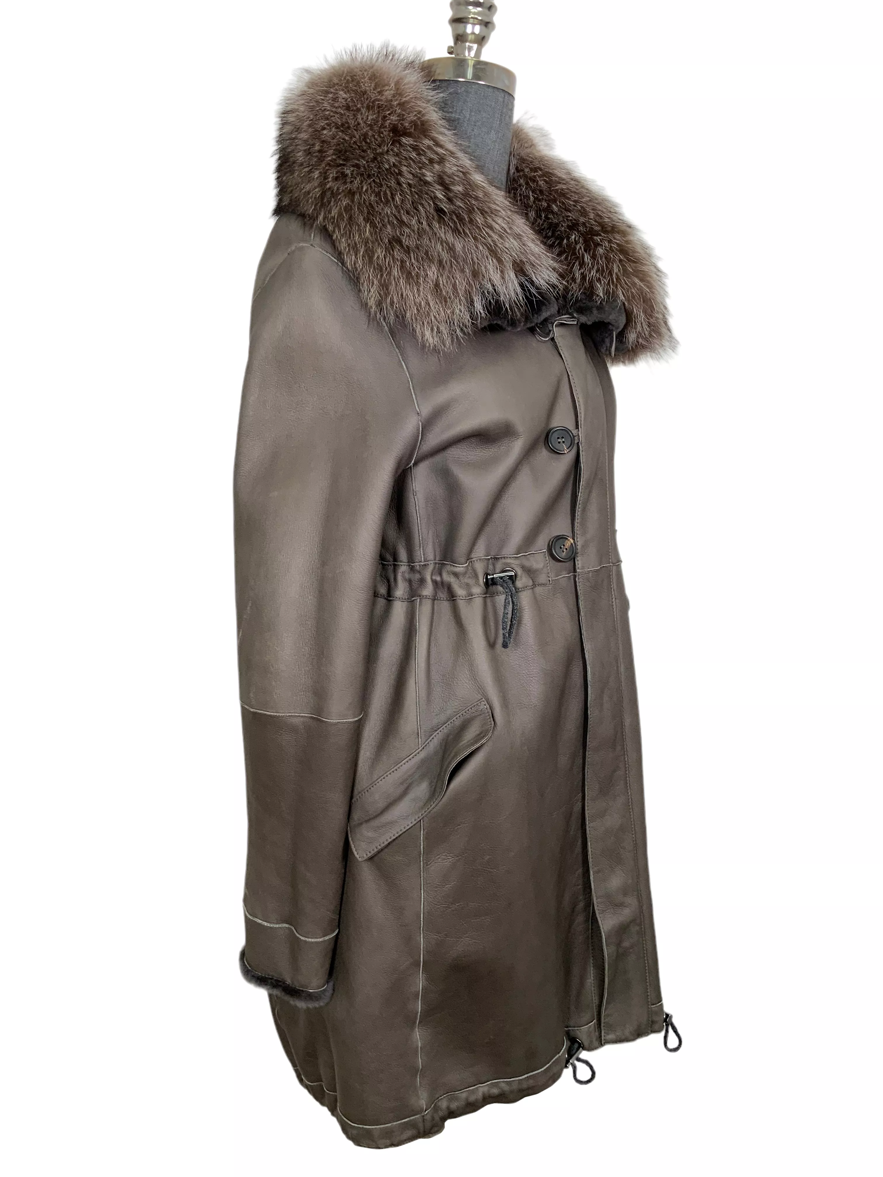 Brunello Cucinelli Leather Racoon Fur Parka Jacket with Racoon Fur Size M