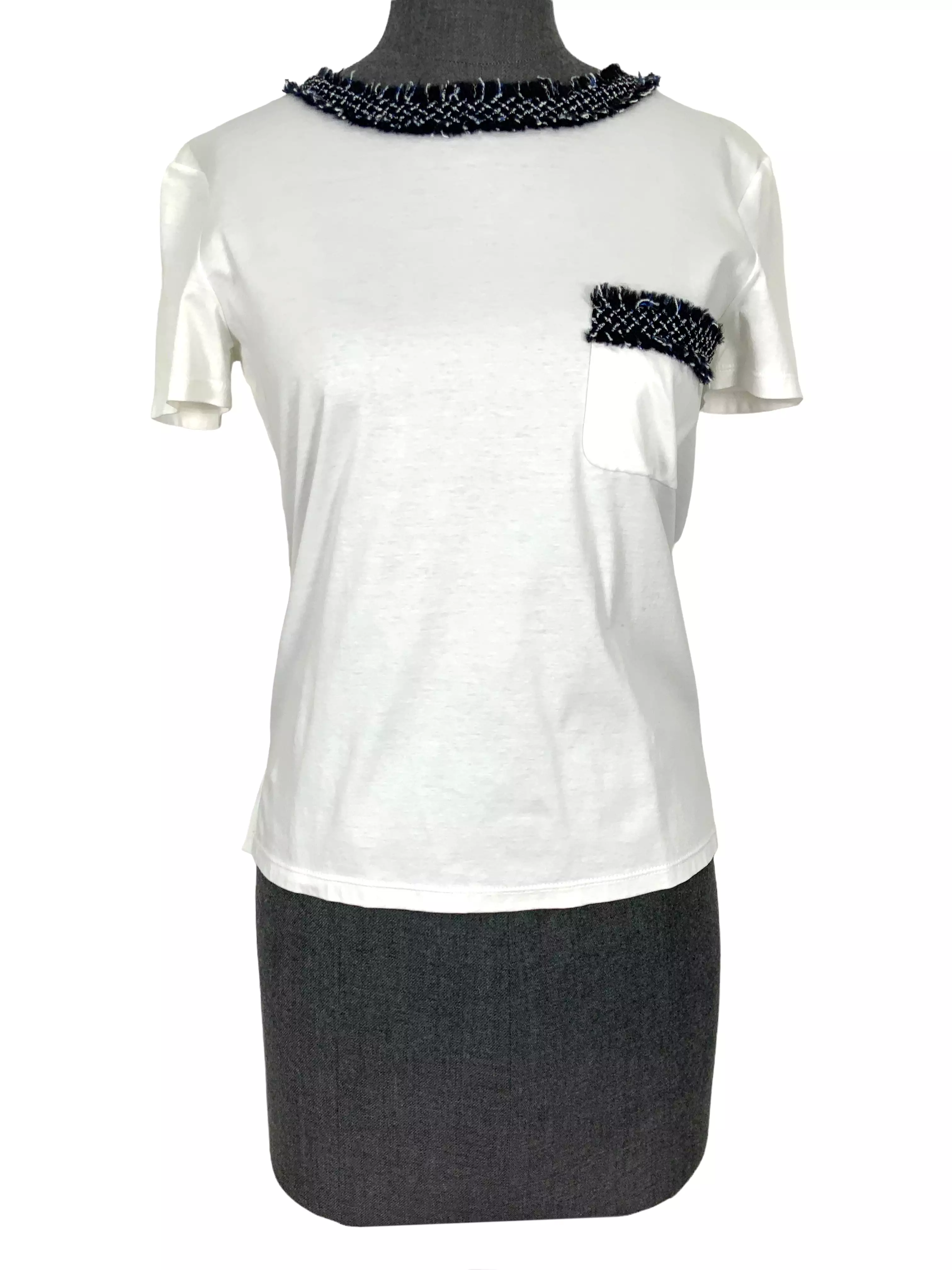 CHANEL Cotton Tweed Trim Short Sleeve Top Size XS