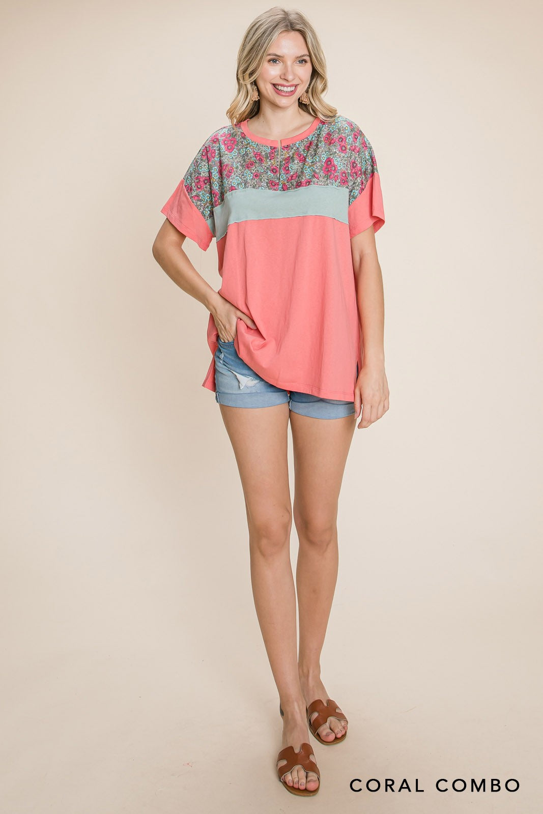 Cotton Bleu Short Sleeve Top With Print Contrast