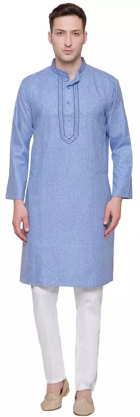 Cotton Embroidered Mens Kurta Pajama India Clothing (Blue)