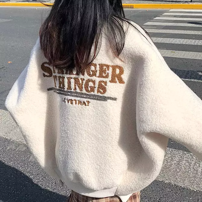 Cute Back Logo Shearling Jackets Womens Girls Korean Style Outerwear Winter Unique Warm Loose Fit Oversized Bomber