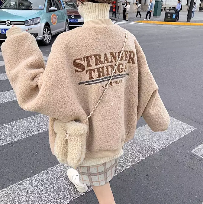 Cute Back Logo Shearling Jackets Womens Girls Korean Style Outerwear Winter Unique Warm Loose Fit Oversized Bomber