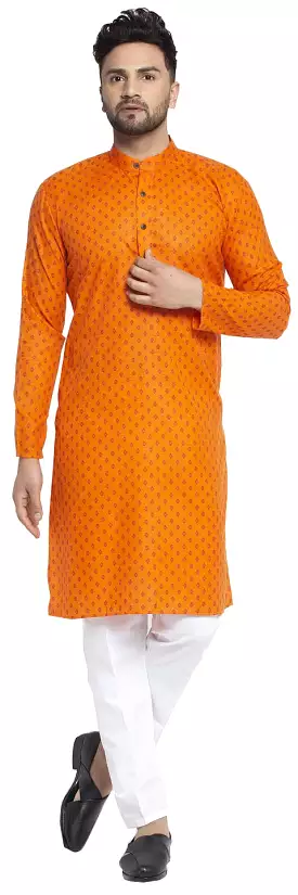 Ethnic Wear Men's Printed Kurta Pajama Cotton Indian (Orange)