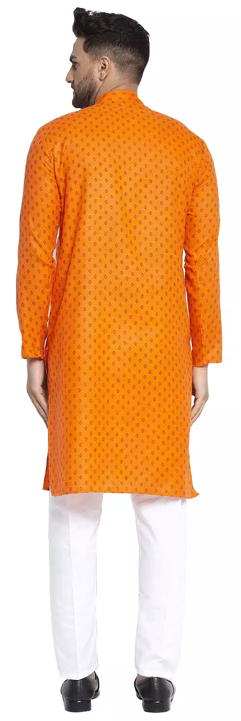 Ethnic Wear Men's Printed Kurta Pajama Cotton Indian (Orange)