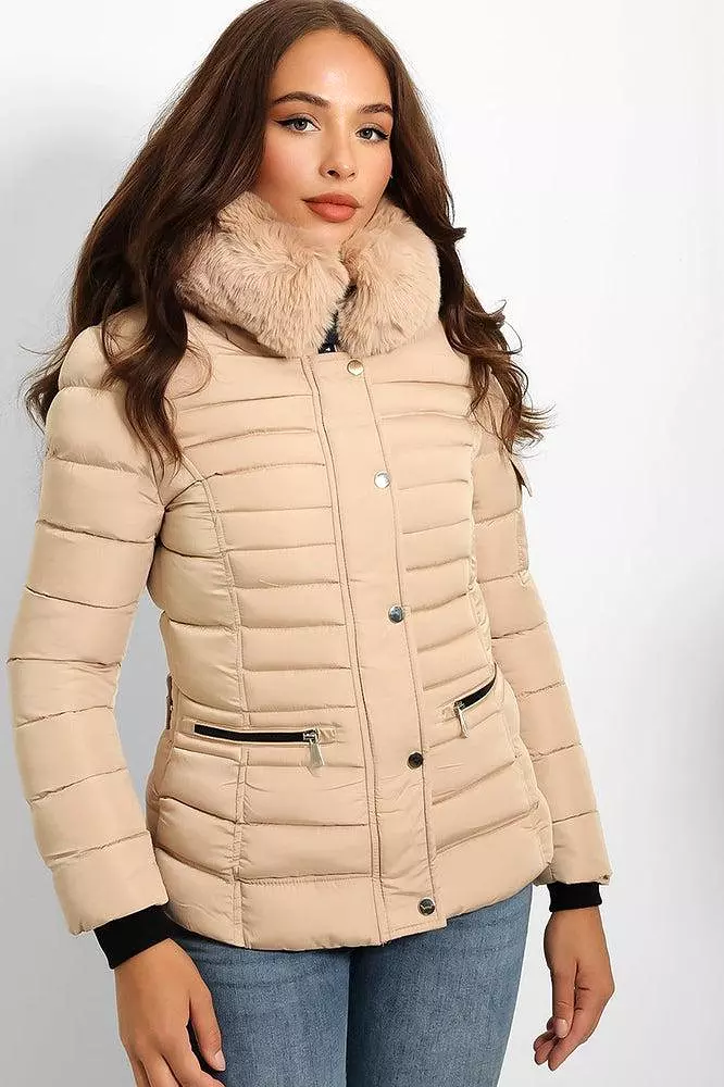 Faux Fur Trim Hood Zip Pockets Parka Jacket