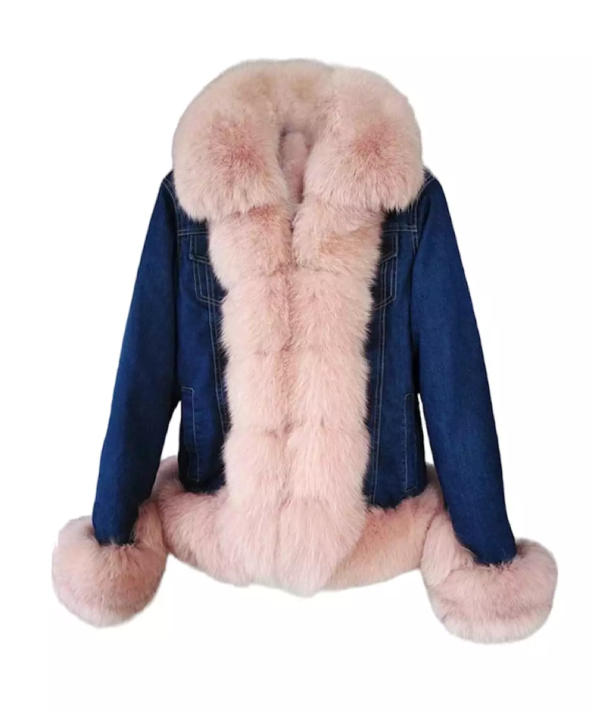 Fox Fur Trimmed Parka Denim Coat With Rabbit Fur Lining In Brown