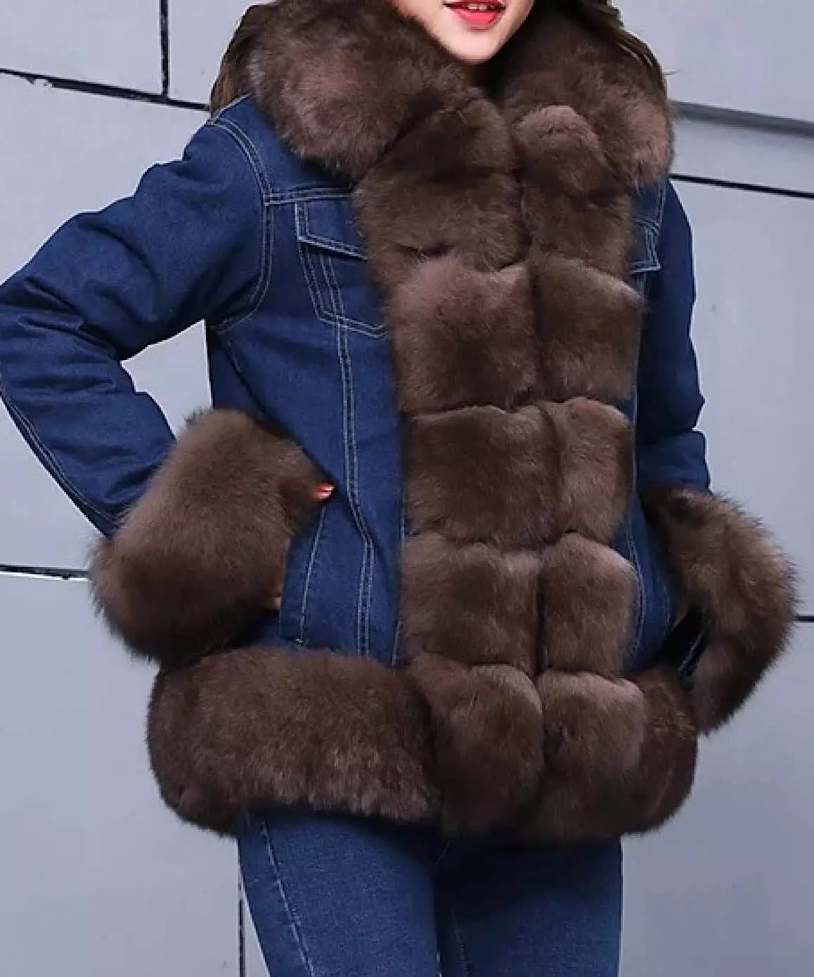 Fox Fur Trimmed Parka Denim Coat With Rabbit Fur Lining In Pink