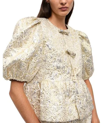 Ganni Metallic Cloque Peplum Tie String Blouse