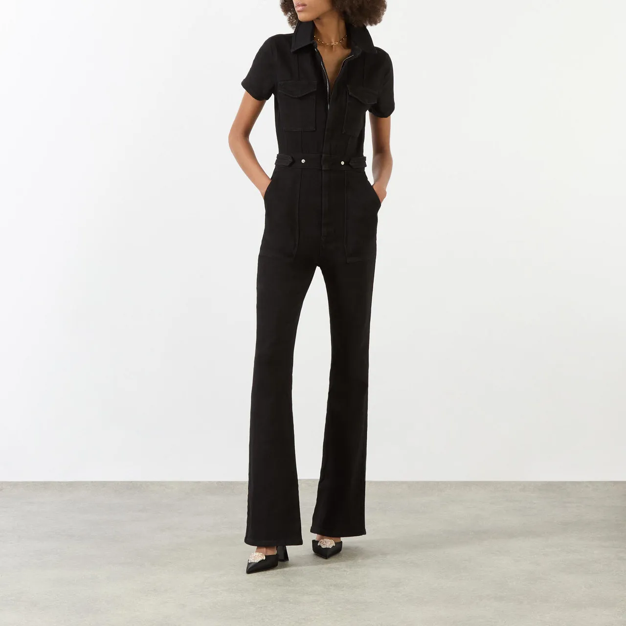 GOOD AMERICAN Fit for Success Bootcut Denim Jumpsuit - Black