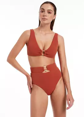 Isla Rib High Waist Trim Bikini Bottom - Russet