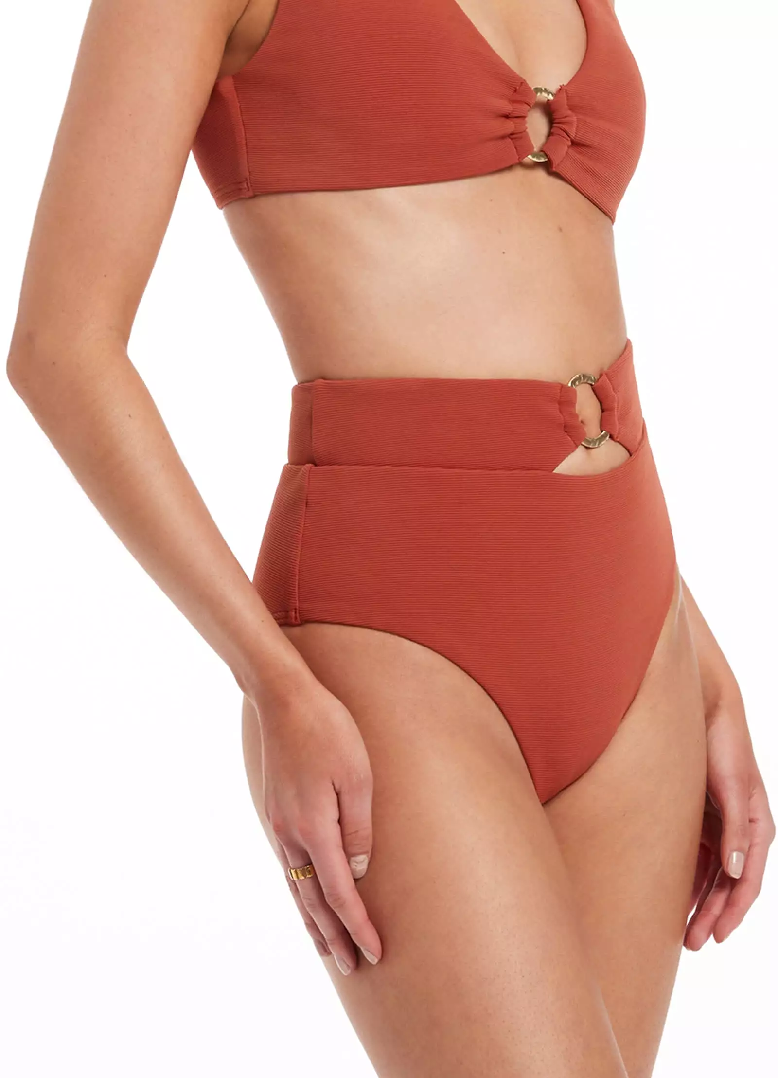 Isla Rib High Waist Trim Bikini Bottom - Russet