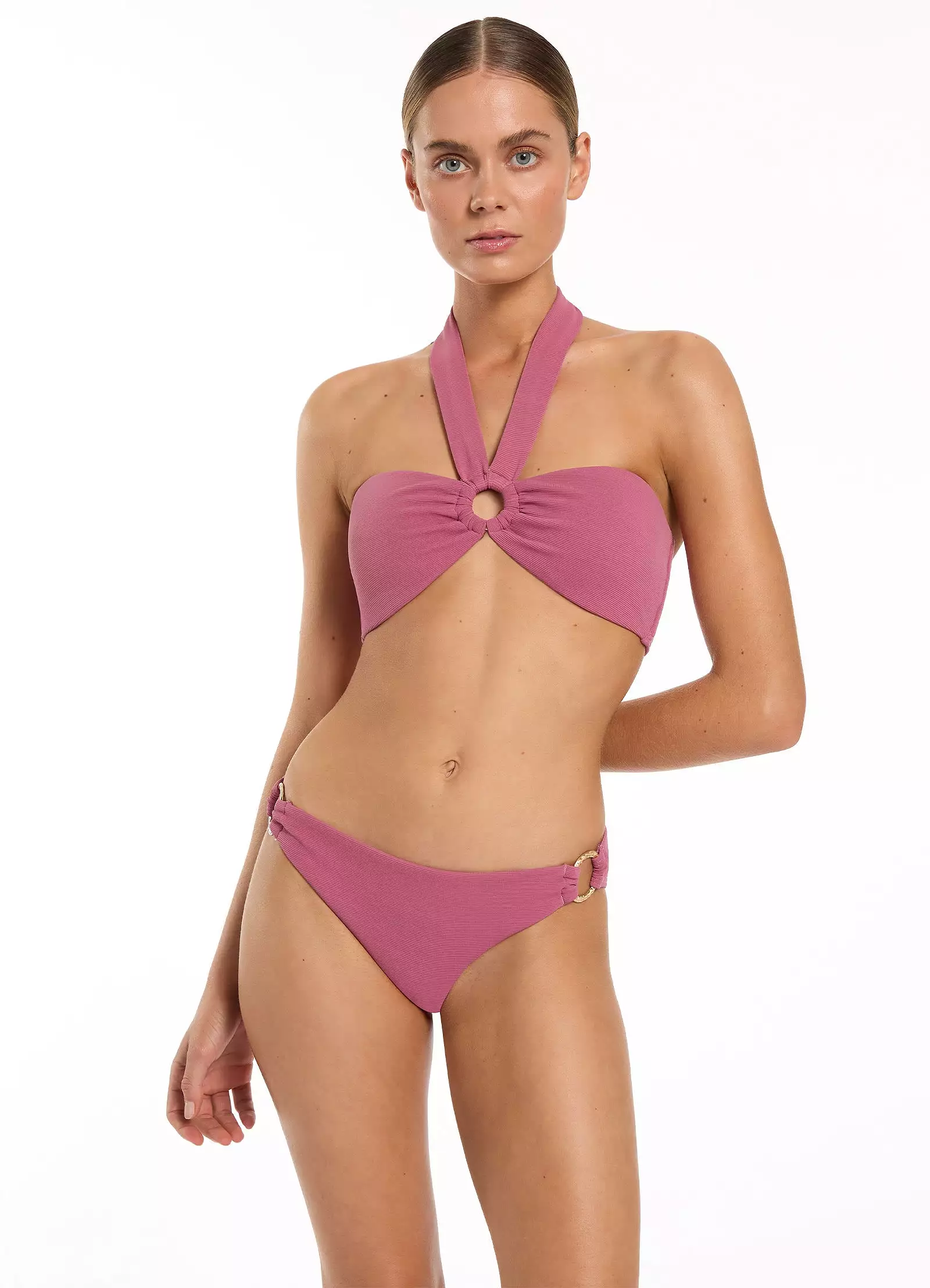 Isla Rib Trim Side Hipster Bikini Bottom - Mauve