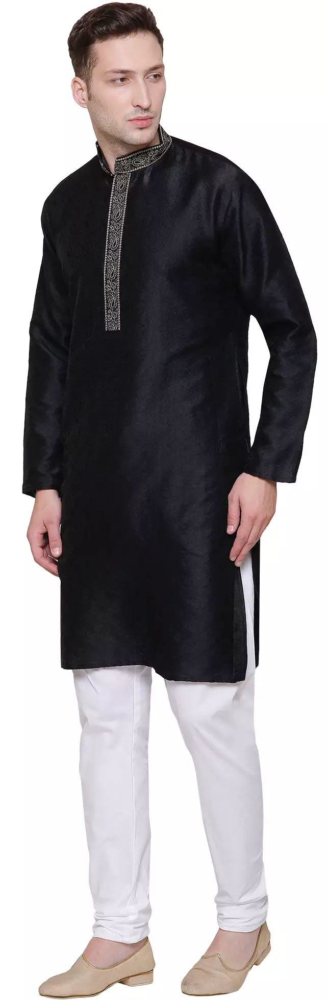 Jacquard Silk Embroidered Mens Kurta Pajama India Clothing (Black)