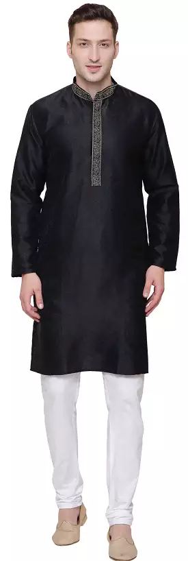 Jacquard Silk Embroidered Mens Kurta Pajama India Clothing (Black)