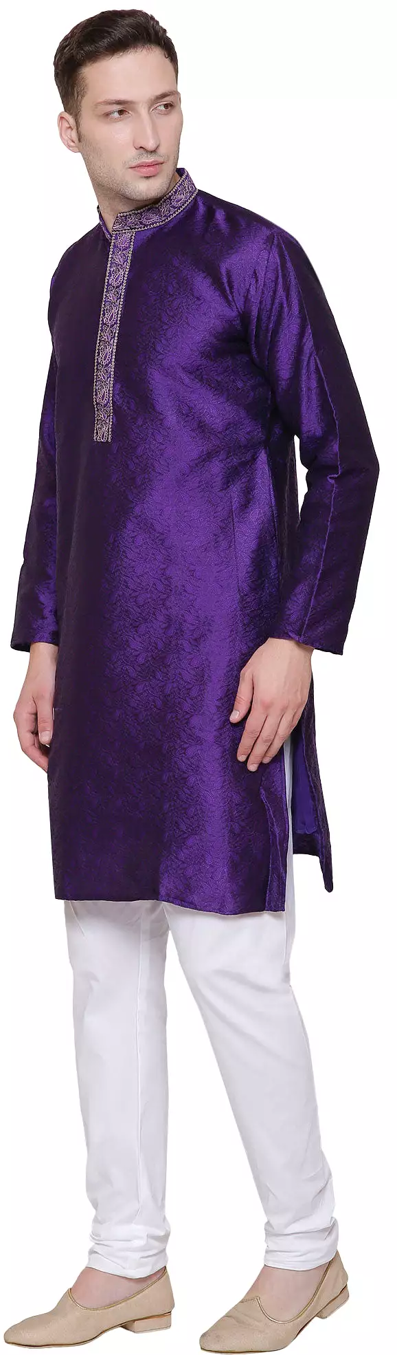 Jacquard Silk Embroidered Mens Kurta Pajama India Clothing (Purple)