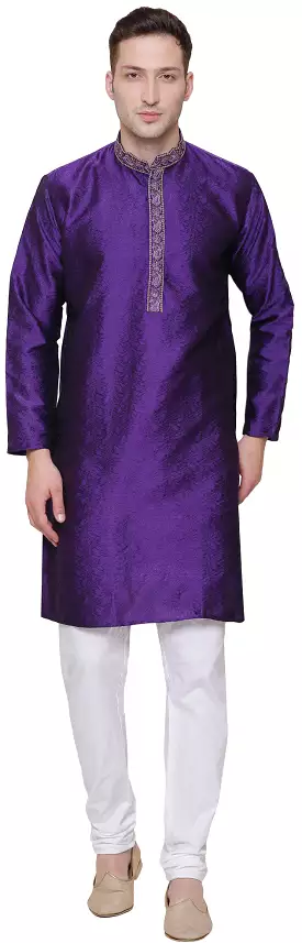 Jacquard Silk Embroidered Mens Kurta Pajama India Clothing (Purple)