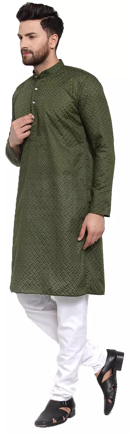 Kurta Pajama Evening Wear Men's Cotton Chikan India Apparel (Olive)