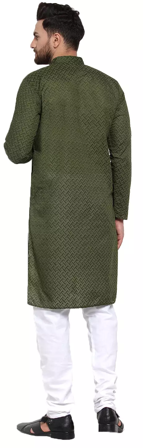 Kurta Pajama Evening Wear Men's Cotton Chikan India Apparel (Olive)