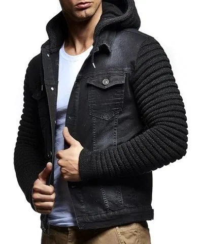 Leif Nelson Men's Casual Denim Jacket with Knitted Sleeves