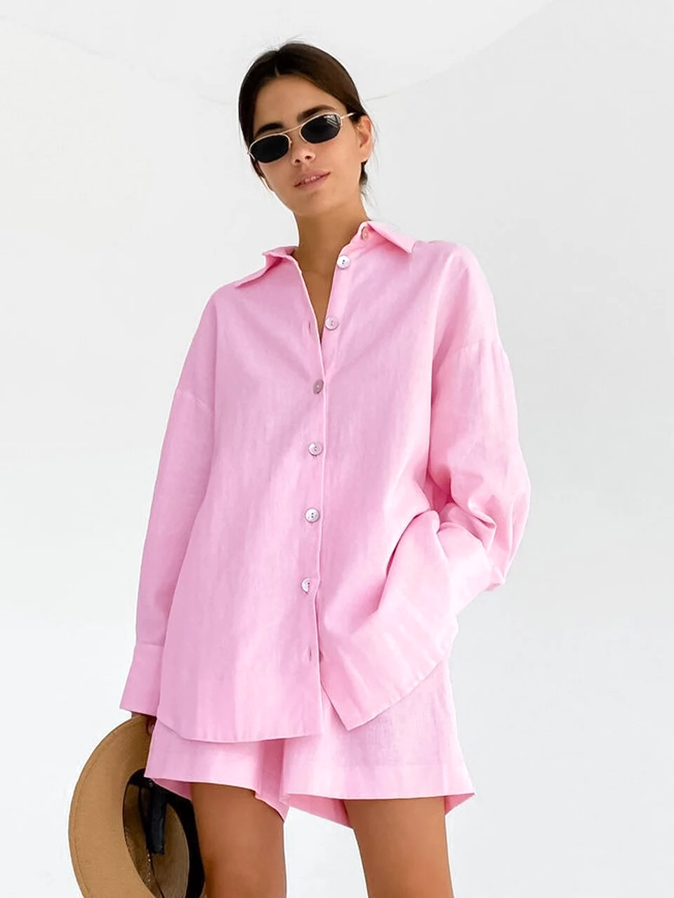 Loose Women's Home Clothes 2 Piece Sets Pink Long Sleeve Sleepwear Female Casual Suits With Shorts 2023 Spring Solid