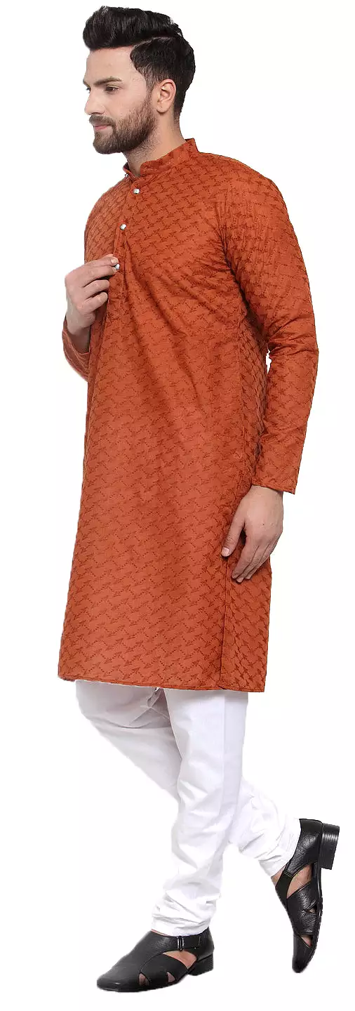 Men's Cotton Chikan Kurta Pajama Evening Wear India Apparel (Brown)