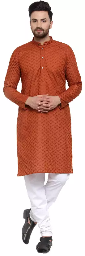 Men's Cotton Chikan Kurta Pajama Evening Wear India Apparel (Brown)