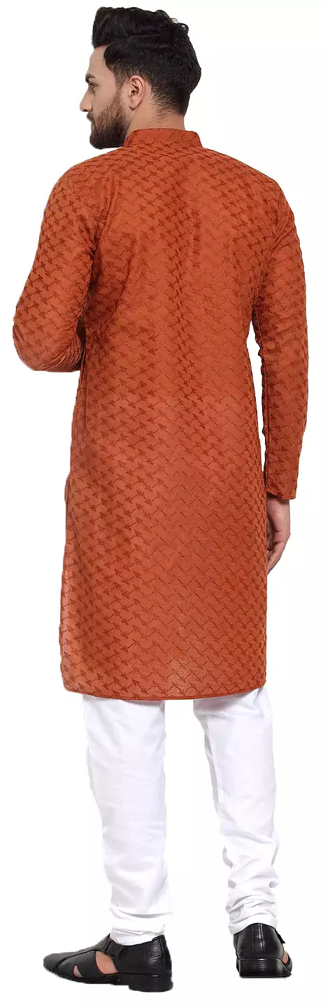 Men's Cotton Chikan Kurta Pajama Evening Wear India Apparel (Brown)