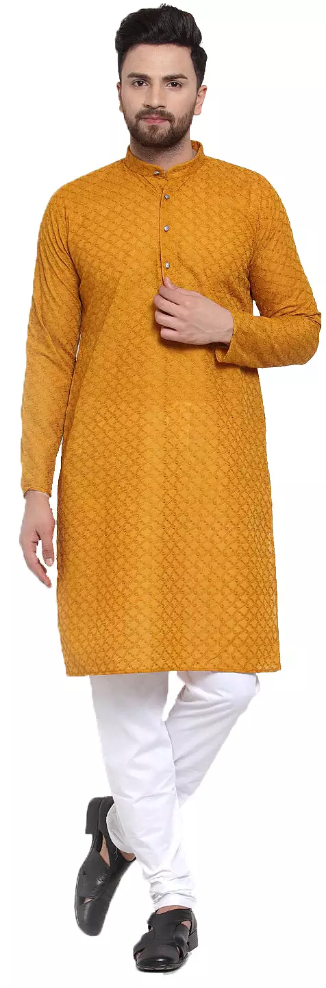 Men's Cotton Chikan Kurta Pajama Evening Wear India Apparel (Mustard)