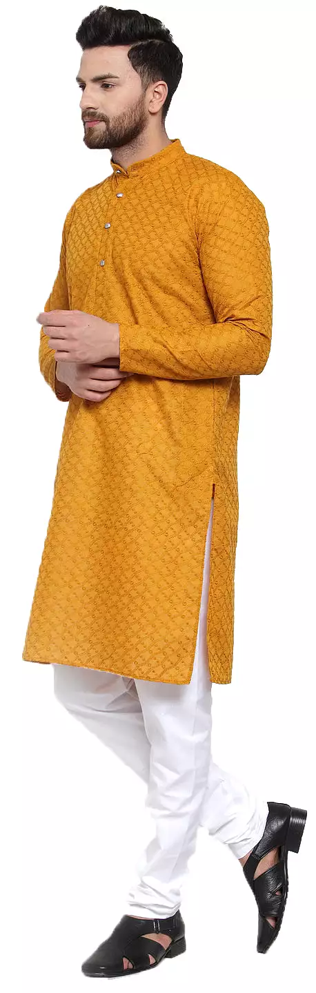 Men's Cotton Chikan Kurta Pajama Evening Wear India Apparel (Mustard)