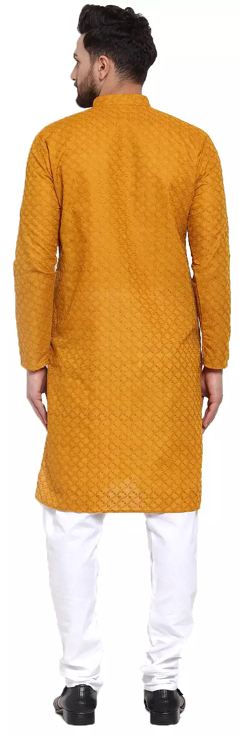 Men's Cotton Chikan Kurta Pajama Evening Wear India Apparel (Mustard)