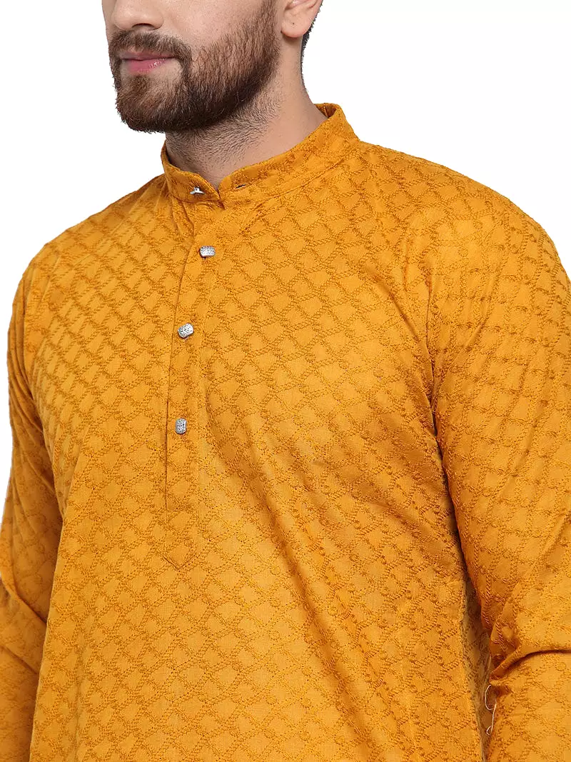 Men's Cotton Chikan Kurta Pajama Evening Wear India Apparel (Mustard)