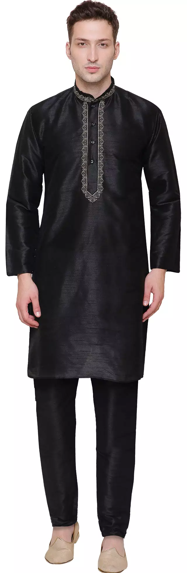 Mens Dupion Silk Kurta Pajama India Clothing (Black)