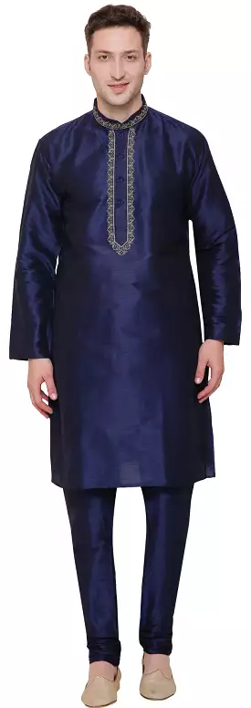 Mens Dupion Silk Kurta Pajama India Clothing (Blue)