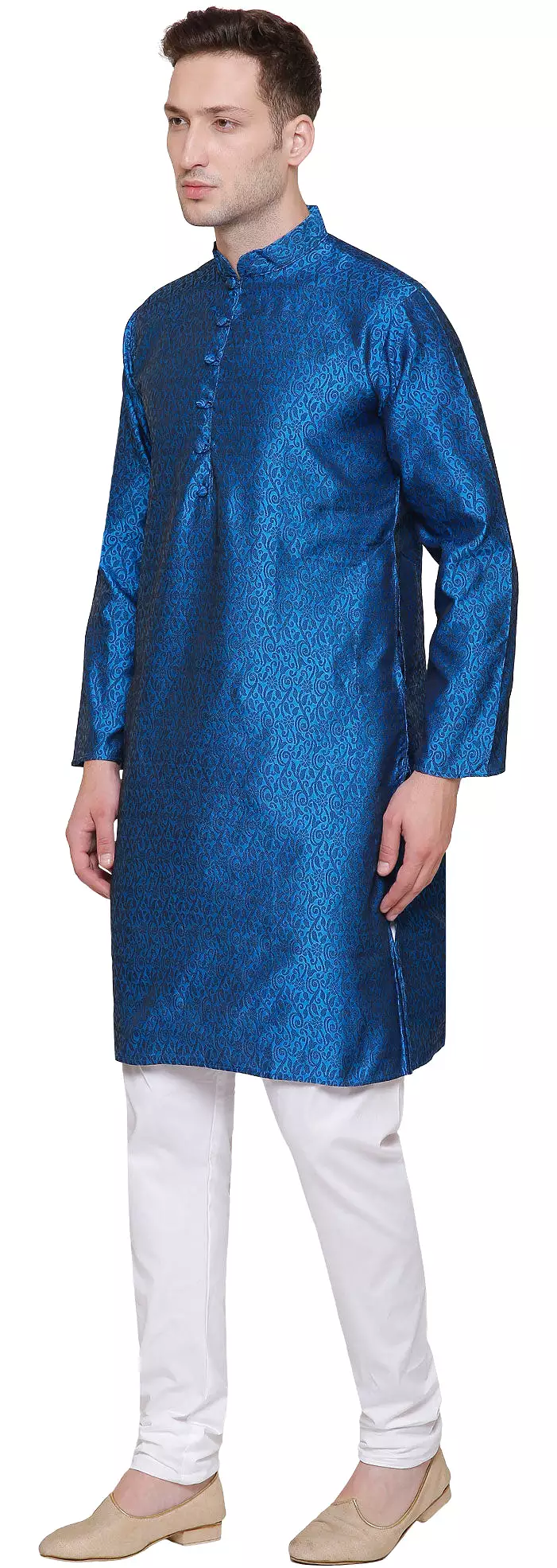 Men's Jacquard Silk Kurta Pajama India Clothing (Blue)