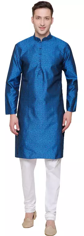 Men's Jacquard Silk Kurta Pajama India Clothing (Blue)