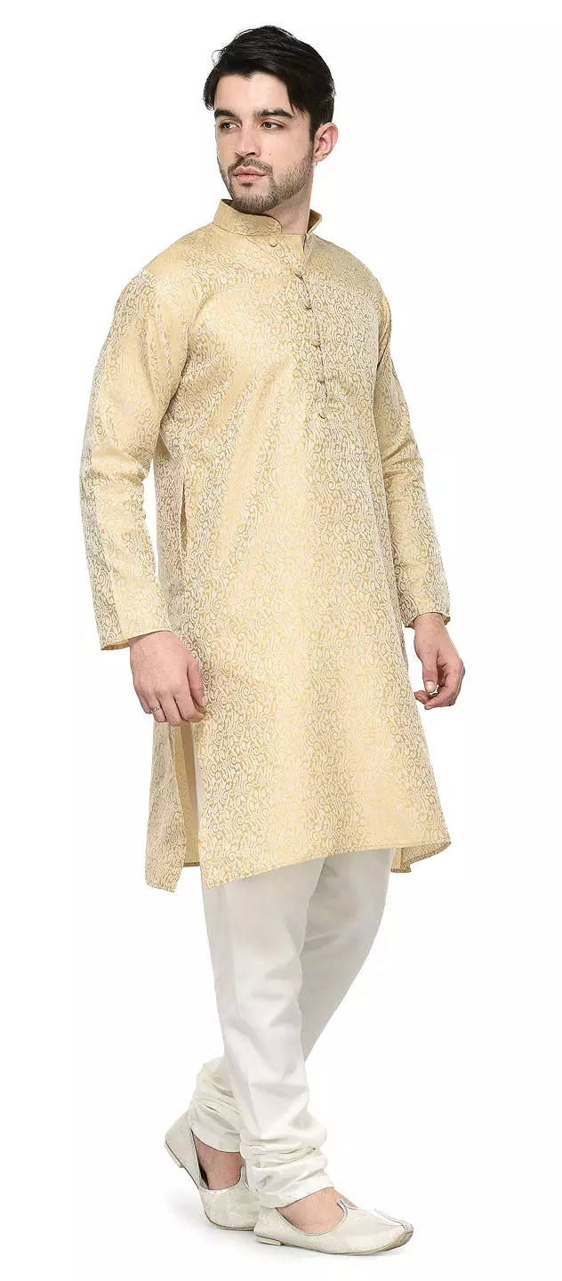 Men's Jacquard Silk Kurta Pajama India Clothing (Golden)