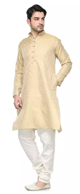 Men's Jacquard Silk Kurta Pajama India Clothing (Golden)