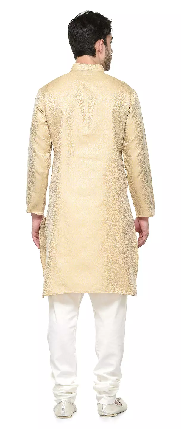 Men's Jacquard Silk Kurta Pajama India Clothing (Golden)