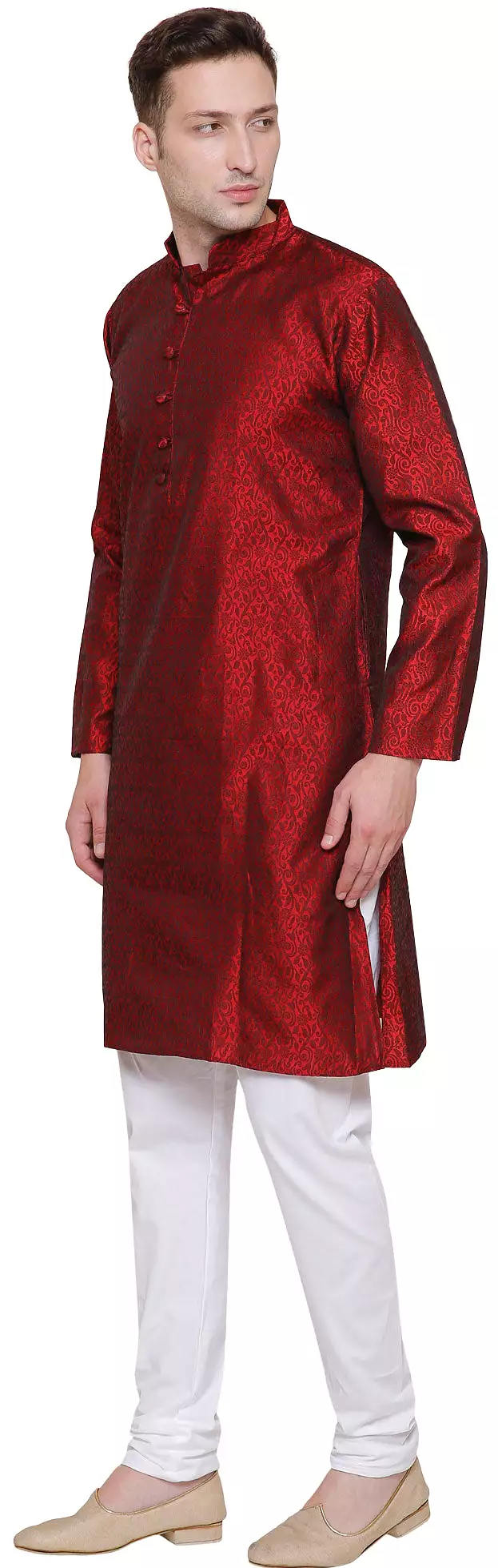 Men's Jacquard Silk Kurta Pajama India Clothing (Maroon)