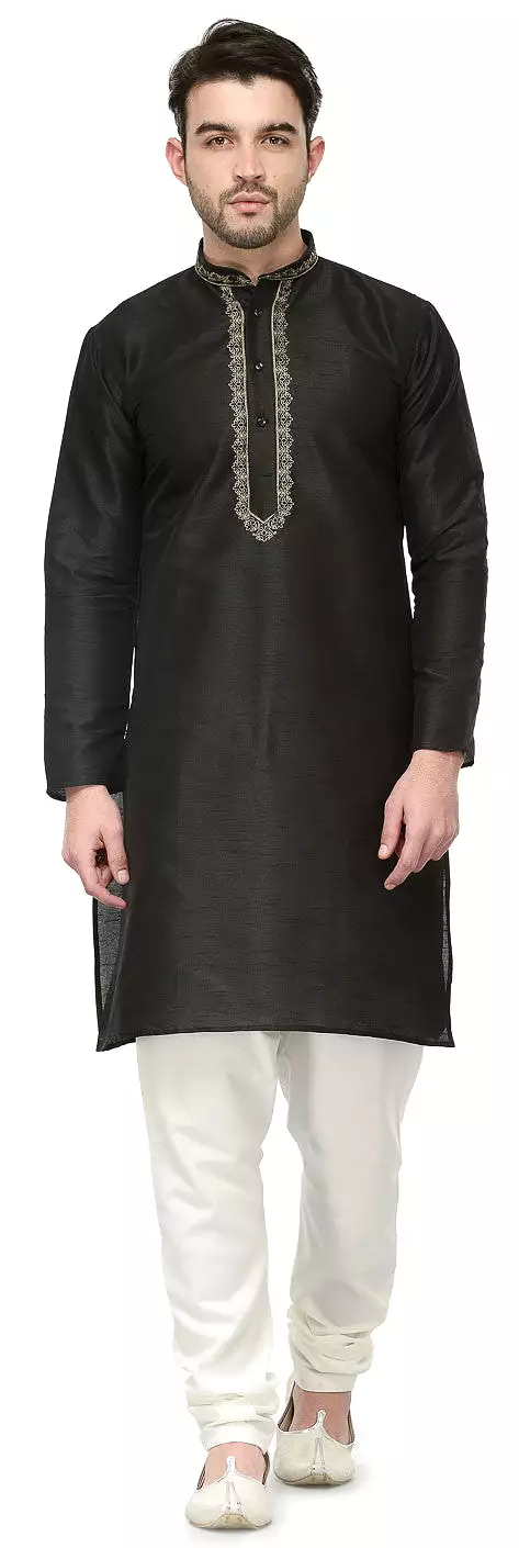 Mens Kurta Pajama Dupion Silk Indian Party Wear (Black)