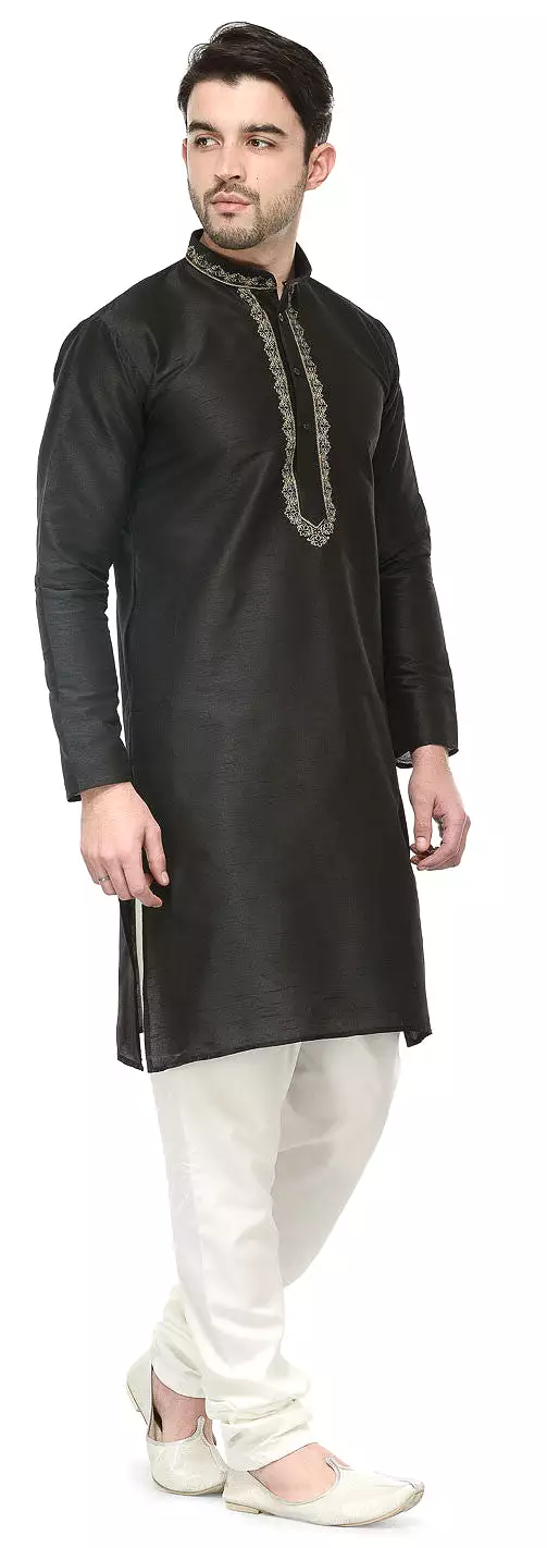 Mens Kurta Pajama Dupion Silk Indian Party Wear (Black)