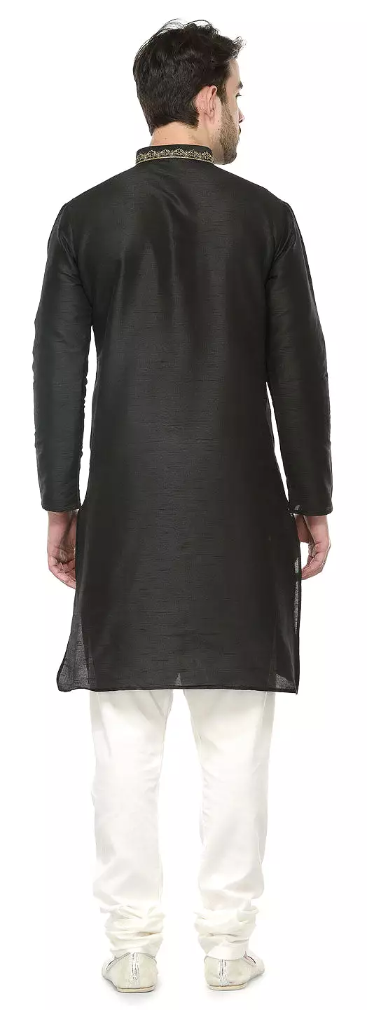 Mens Kurta Pajama Dupion Silk Indian Party Wear (Black)